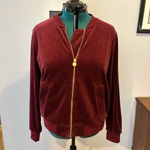 Michael Kors Burgundy Velour Bomber Jacket XL Gold Zip Velvet Athleisure